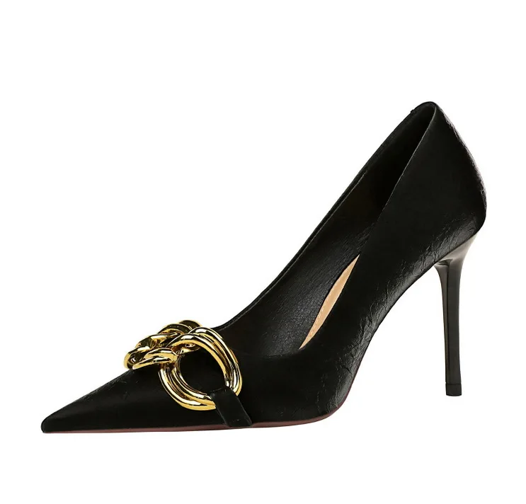 Women 7.5cm 9.5cm High Heels Escarpins Pumps Lady Metal Chain Low Heels Fetish Nightclub Slim Fit Party Green Office Prom Shoes