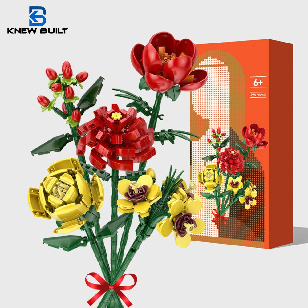 KNEW BUILT 꽃 부케 3D 모델 장난감, 소녀용 미니 빌드 블록, 식물 화분 조립 벽돌 장식, 휴일 여자 친구 선물