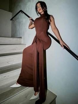 Mozision Half High Collar Irregular Tank Dress For Women 2024 New Fashion Sleeveless Bodycon Ruched Sexy Long Dress Elegant 1