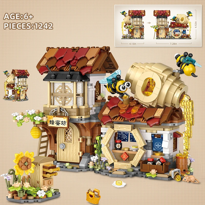 LOZ1942 New Mini Block Second Senior Brother Butcher Shop Model Building Block Folding China Street Bee Work Shop Assembly Toys