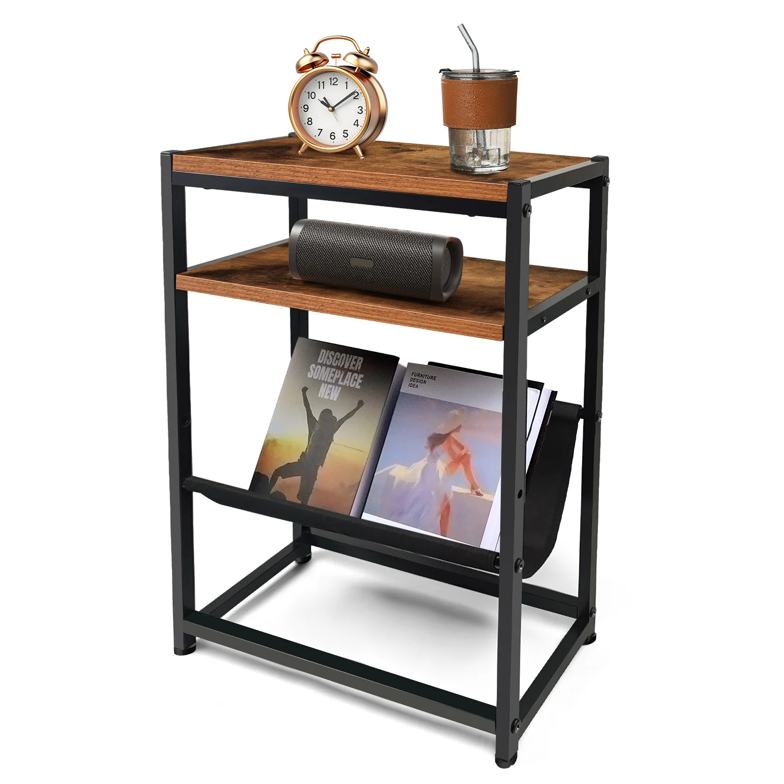 3-Tier Small End Table for Small Spaces with Magazine Holder and Storage Shelf, Narrow Side Table Living Room Bedroom