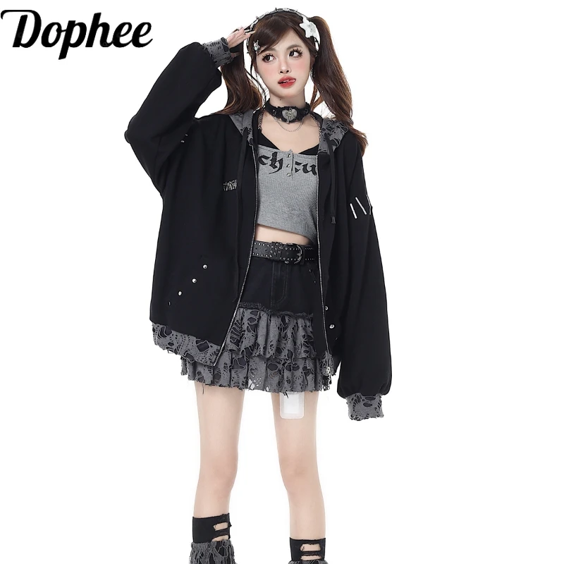 

Dophee Original Subculture Spring Autumn Hooded Cardigans Coat Cute Ear Hole Loose Zip Sweatshirt Spice Girls Long Sleeve Jacket