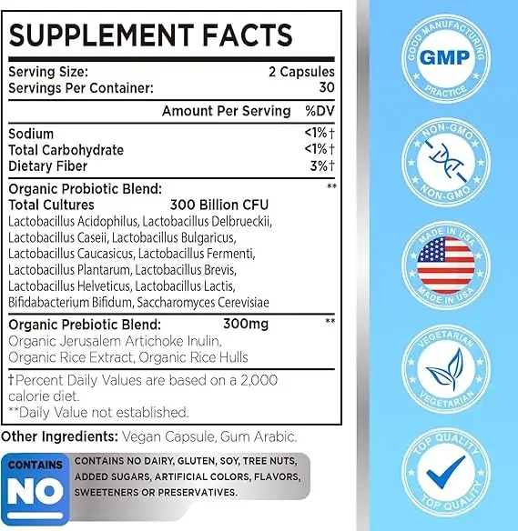 300 Billion Cfu Probiotics, 12 Probiotic Strains+3 Prebiotics, Probiotics Promote Digestive , 60 Capsules