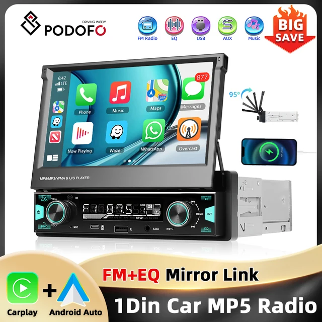 Podofo 7 ''1Din écran rétractable EQ son FM/AM/RDS lecteur multimédia Carplay Android Auto Bluetooth type-c USB SWC voiture Audio 1