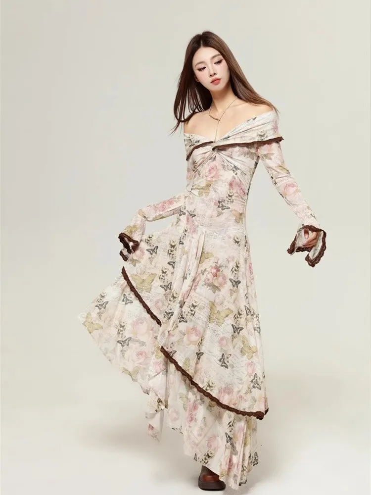 

Unique One Shoulder Dress For Women'S Spring And Autumn Luxury Rose Butterfly Print Irregular Hem Dress