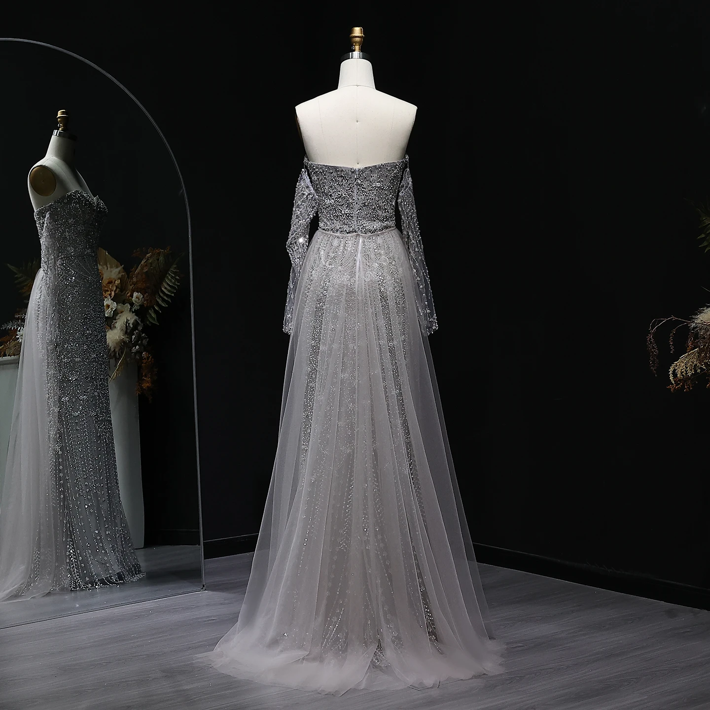 grey evening dress long sleeve A-line Classy Long Sleeves Chiffon Evening Dress La Divine CD0171  Sparkly  Gowns