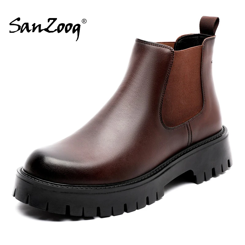 Men Chelsea Boots Platform Short British Style Microfiber Leather Autumn Winter