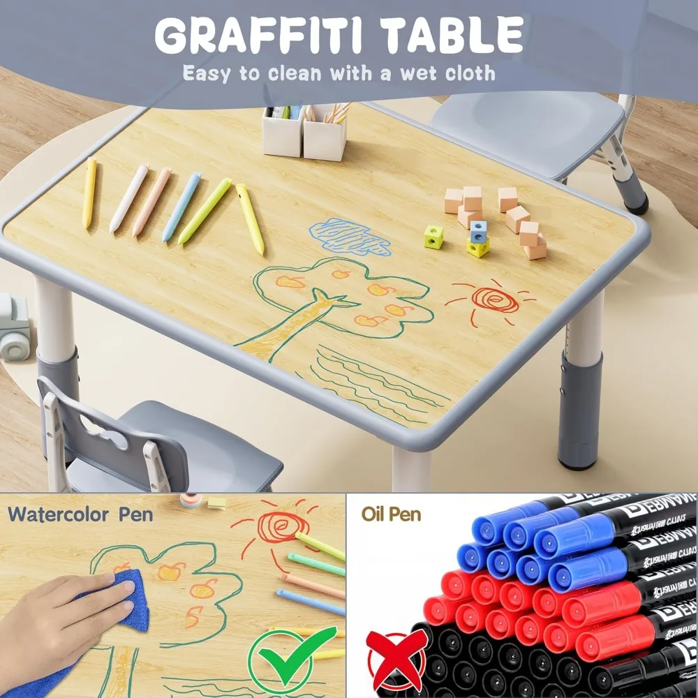 Kids Table and 2 Chairs Set, Height Adjustable Toddler Table and Chair Set, Graffiti Desktop, Ages 2-8