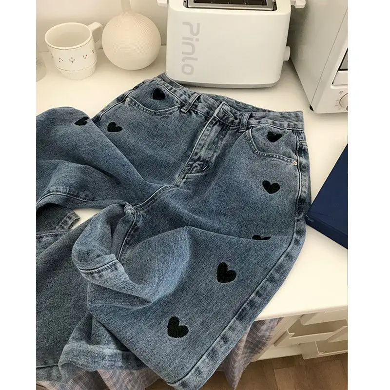Masculina Folgy Homme Calças Retas Amor Impressão Jeans Moda Azul - Preto Casuais Biker Denim Soltas Coração 2022 5 Computers & Electronics