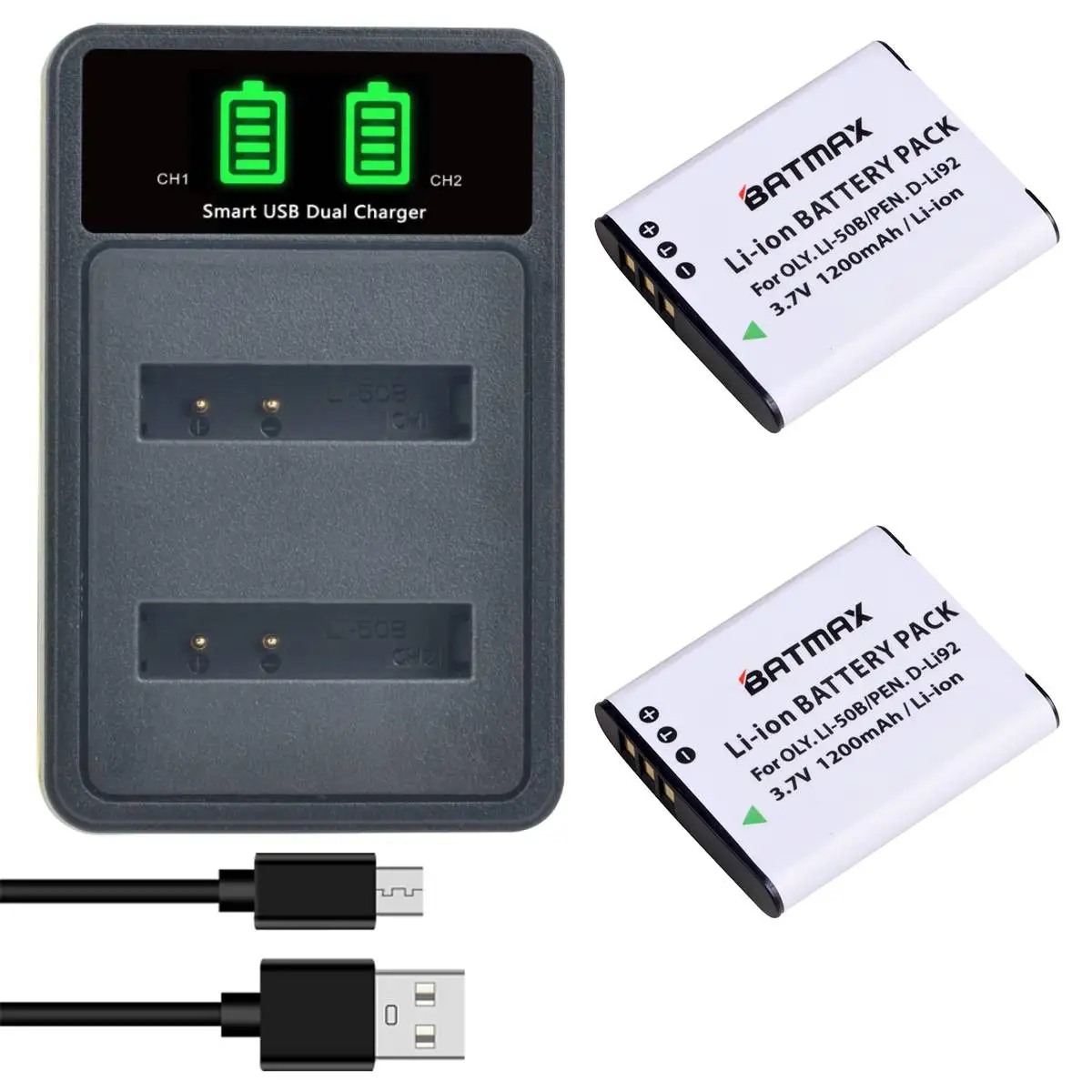 Batmax Li-50B Li50B D-Li92 Batteria + Led Usb Dual Charger Per Olympus U6010 U6020 Tg-610, Tg-620 Ihs, Tg-630 Ihs,Vr-340, Vr-350