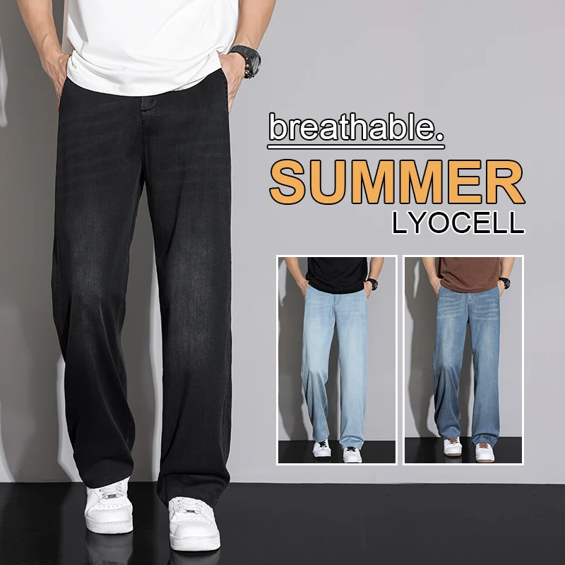 Mens Lyocell Loose Straight Denim Jeans Stretch Waist Comfortable Breathable Casual Pants Plus Size 38 2025 Summer Autumn