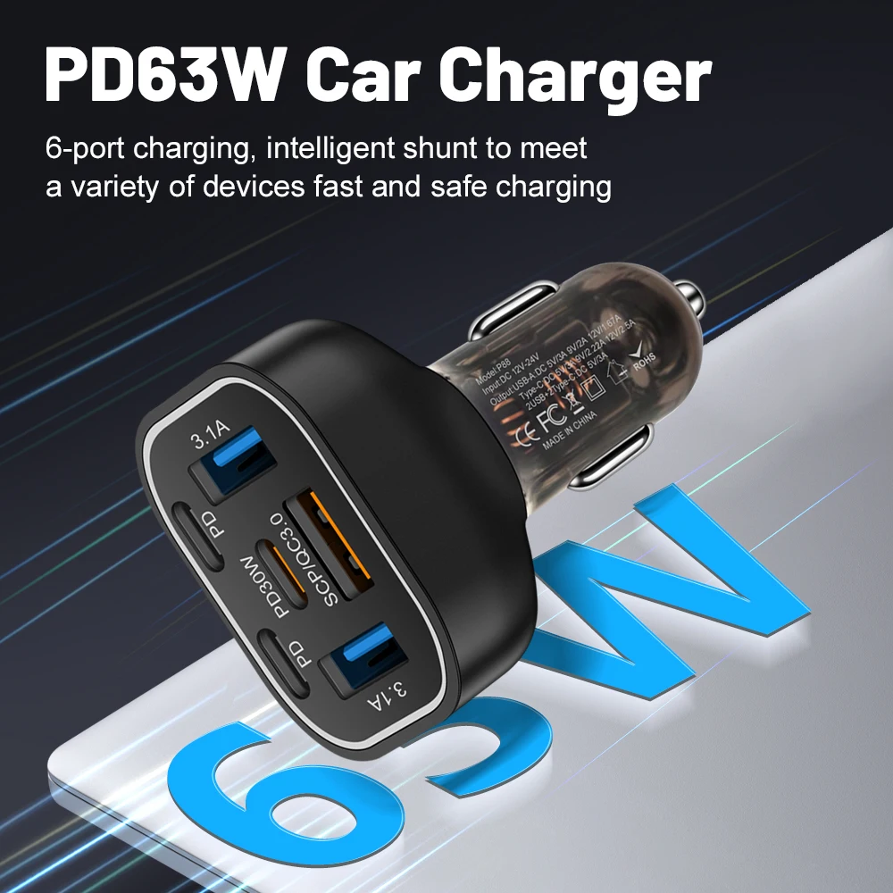 63W Seven Color Gradient Breathing Light 3USB+3PD Car Charger Fast Charging Phone Adapter For Xiaomi iPhone Samsung Charger