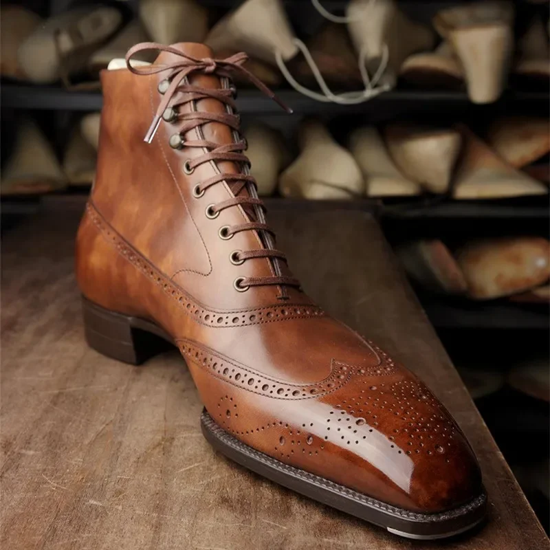 Brown Brogue Men Short Boots Lace-up Ankle Handmade Square Toe Motorcycle Boots leather boots mens leather boots motorcycle leather boots