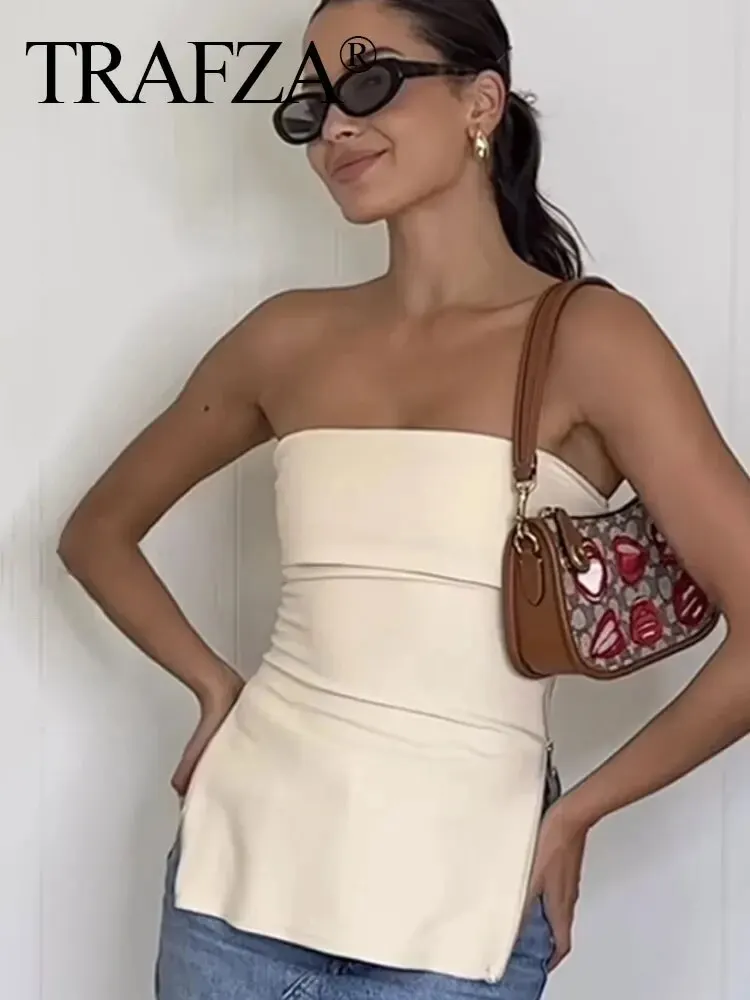 HH Summer Women Knit Corset Tops Elegant Solid Tube Crop Top Side Zipper Slim Lady Off Shoulder Bustier Top Streetwear