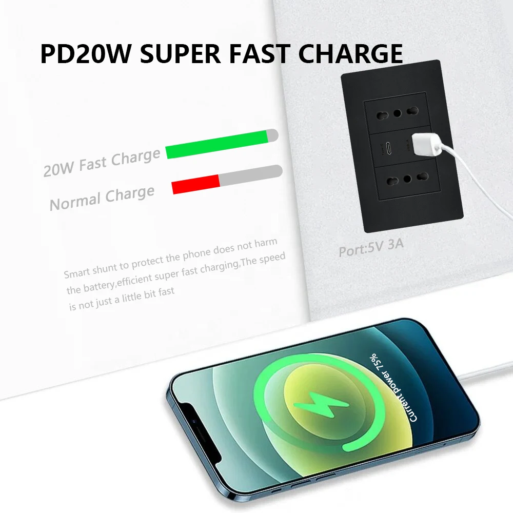 이탈리아 칠레 멕시코 콘센트, USB 스마트 C 타입, 20W 고속 충전 벽 플러그, 브라질 전기 조명 스위치, 듀얼 USB 전원 소켓