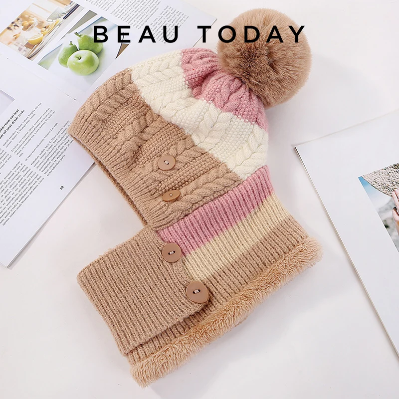 

BeauToday Winter Hat Women Mixed Colors Protection Beanies Female Knitted Hooded Neck Collar Earflap Caps Handmade H5S