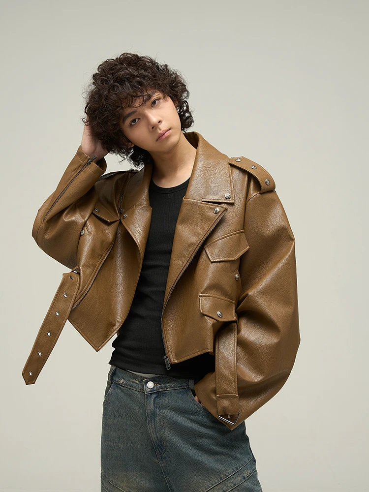 

American Pu Shuai Style Oblique Zipper Motorcycle Jacket Men's Clothing Retro Coffee Color Punk Short Leather Jacket Couple