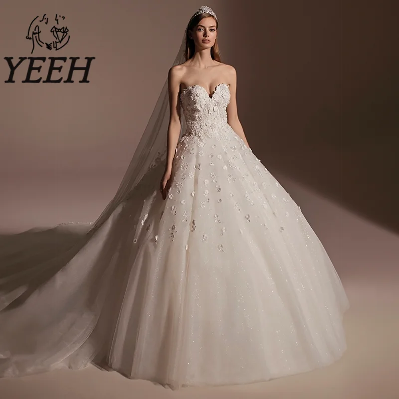 

YEEH Sweetheart Neckline Wedding Dress Exquisite Lace Appliques Bridal Ball Gown Low Back Court Train Vestido De Noiva for Bride