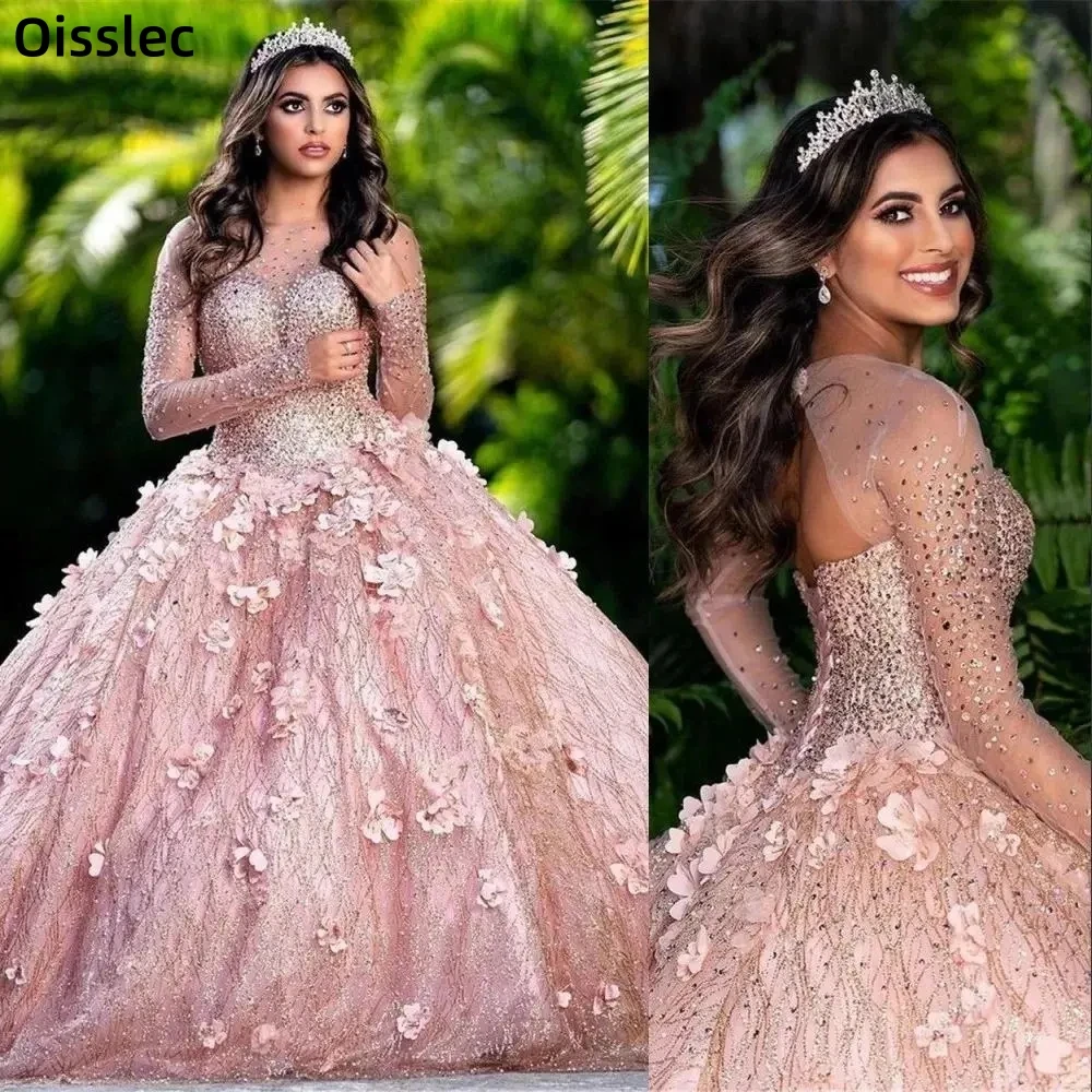 Pink Quinceanera Dresses Beads Crystal Floral Illusion Ball Gowns Birthday O Neck Long Sleeves Vestidos de 15 Años Sweet 16