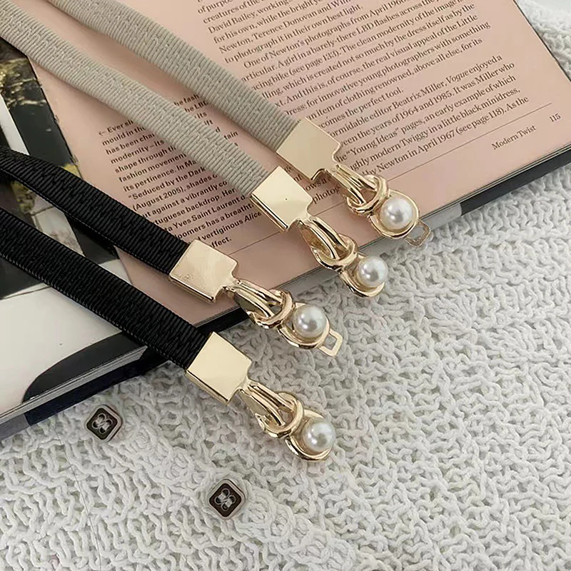 Elegant Black Elastic Belt with Double Pearl Buckle