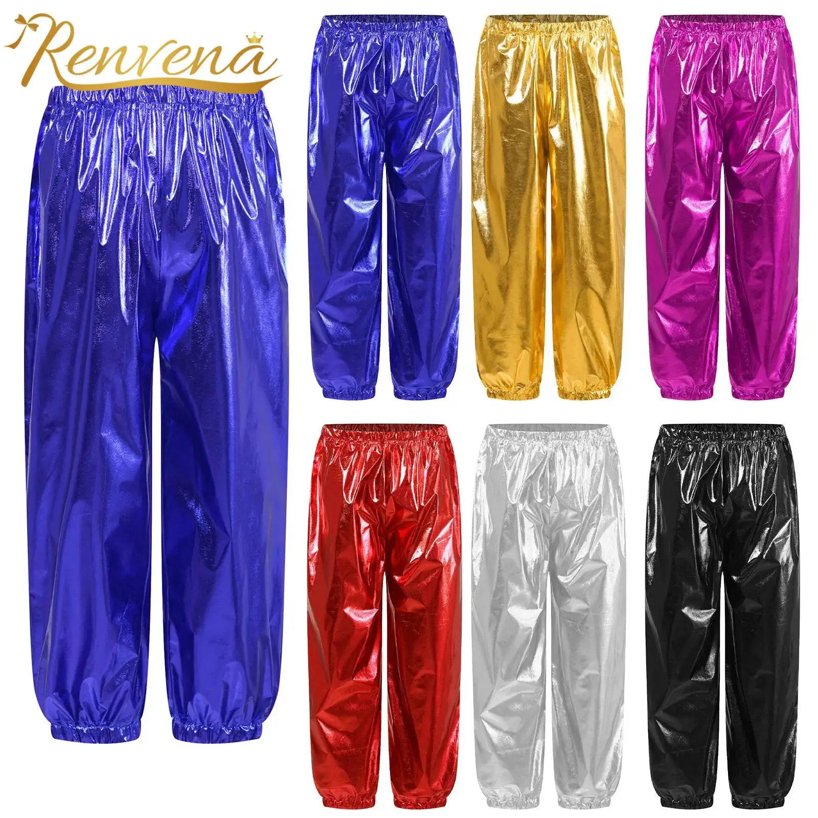 Kids Pants Boys Pants Girls Pants Girls Trousers Kids Boys Girls Metallic Harem Pants Elastic Waistband Shiny Trousers For Modern Hip Hop Street Dancewear Jazz Dance Costumes