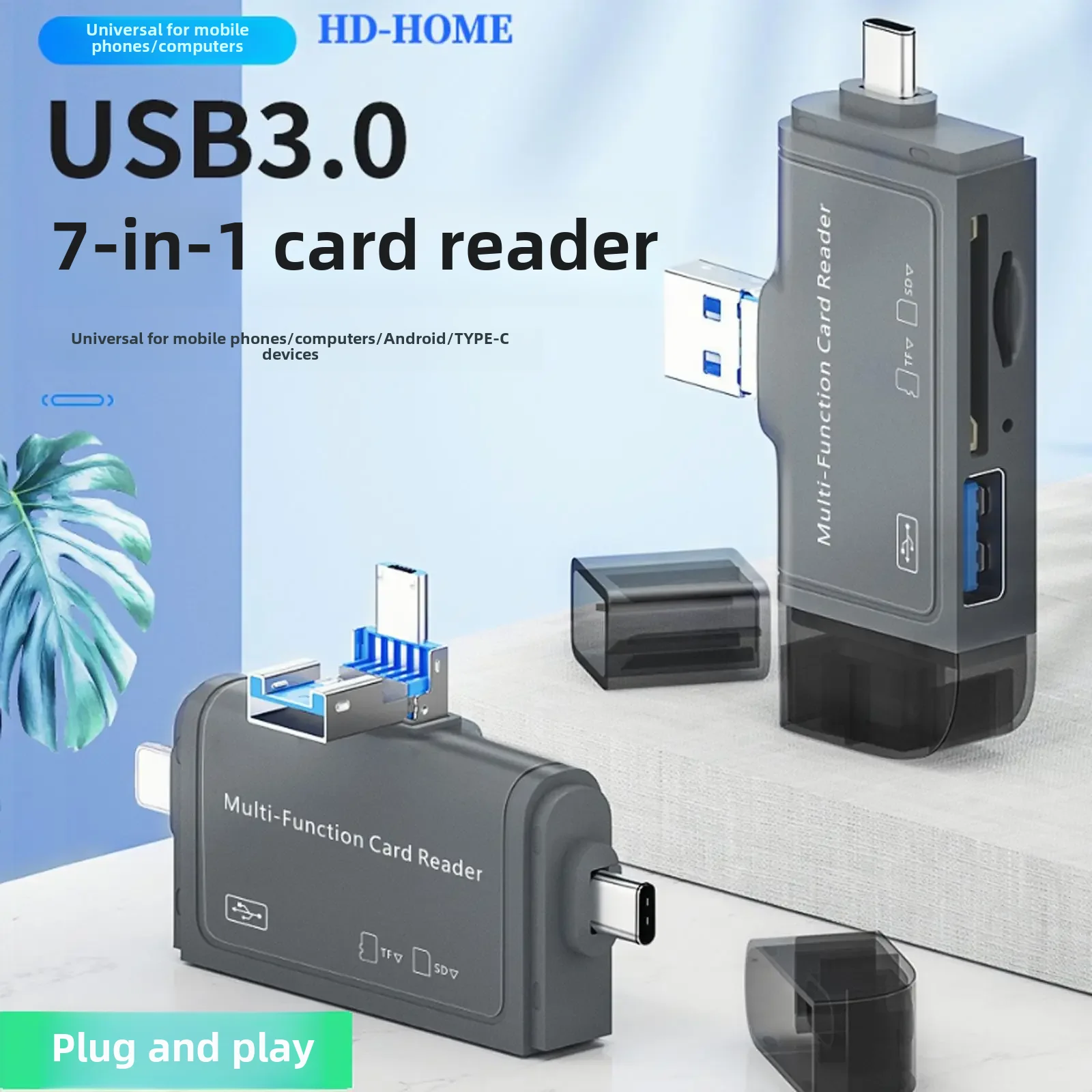 7-in-1 다기능 카드 리더, C타입 안드로이드 휴대폰 컴퓨터에 적합, Otg3.0 USB-c SSD 마이크로 Sd Tf 플래시 드라이브
