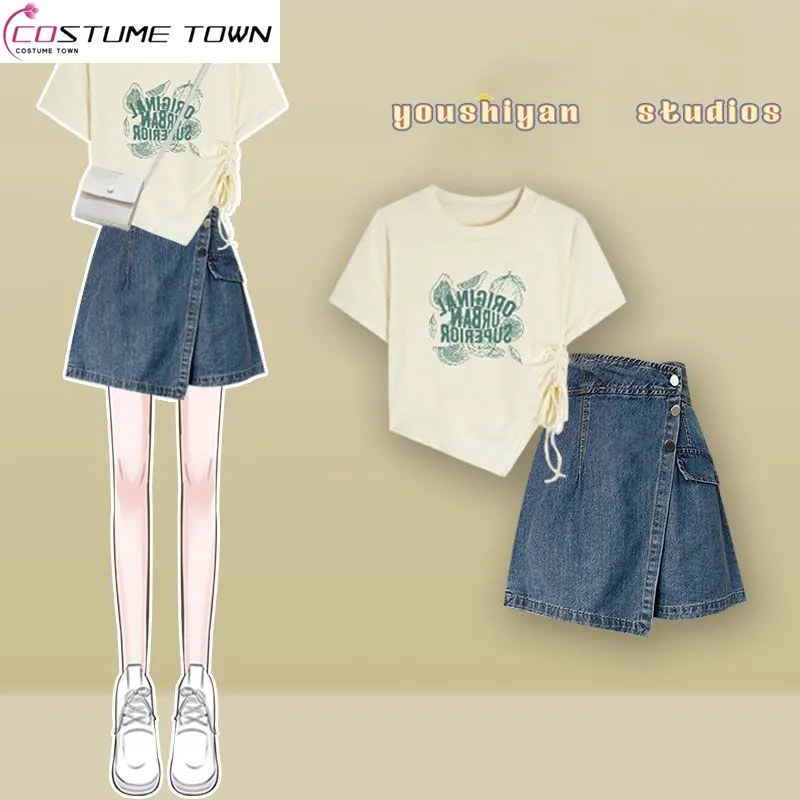 College Style Professional Denim Short Skirt Set for Women's 2023 Summer New Irregular Drawstring Short Sleeve Top Two Piece Set