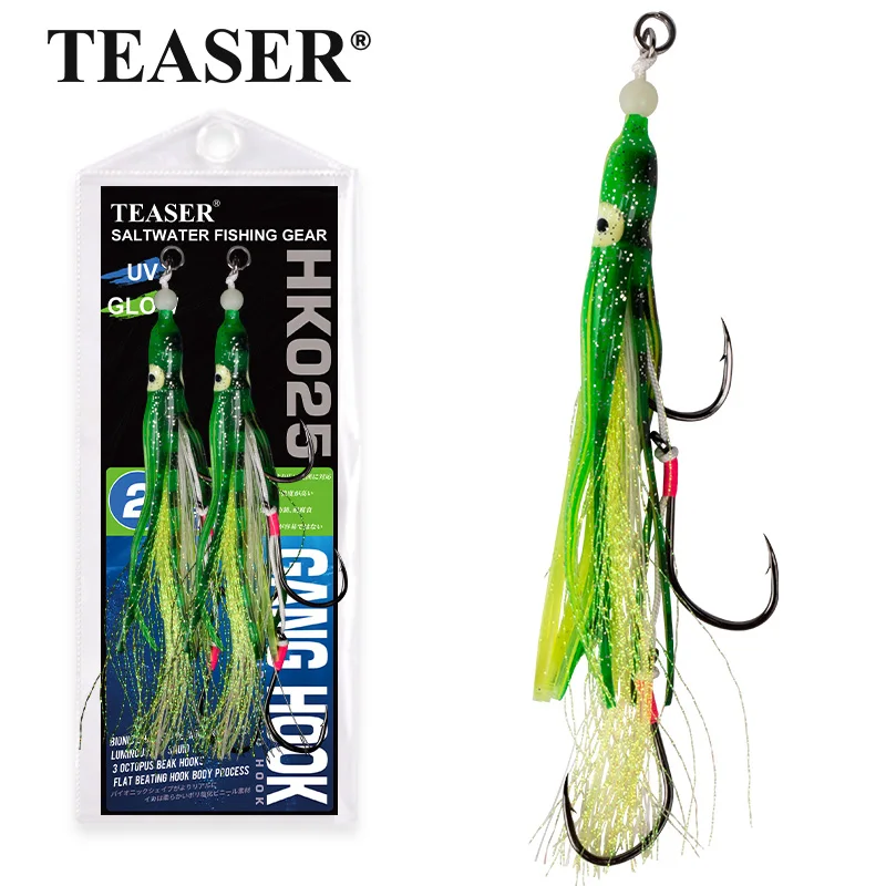 TEASER 2PCS/bag 6/0 8/0 HK025 Squid Slow Jigging Hook Gang Assist Hook UV Octopus Strength Sea Fishing Hook Inchiku Jig Lure