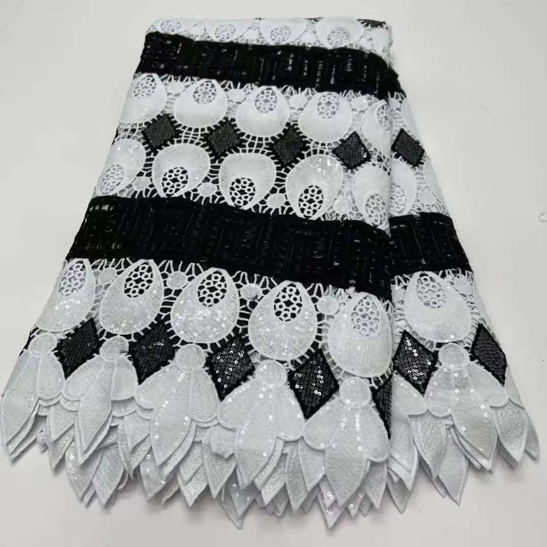 Luxury African Fabrics 3d Embroidery Guipir Sequins Lace For Women Wedding Dress 5Yards Water Soluble White Cotton Fabric