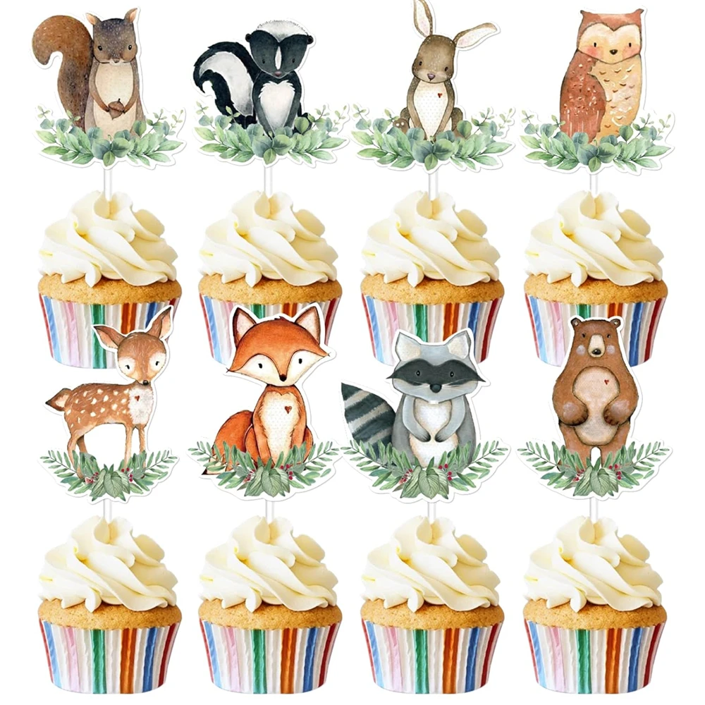 24pcs Small Cake Decoration Supplies Inserts Forest Animal Pattern Inserts Woodland Theme Baby Shower Event & Party Decorations