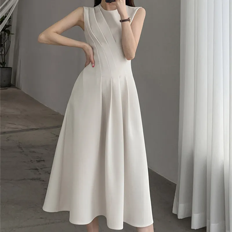 

2023 Spring Summer O Neck Solid Color Sleeveless Chic Dress For Women's French Waist Show Thin Temperament Goddess Fan Dress