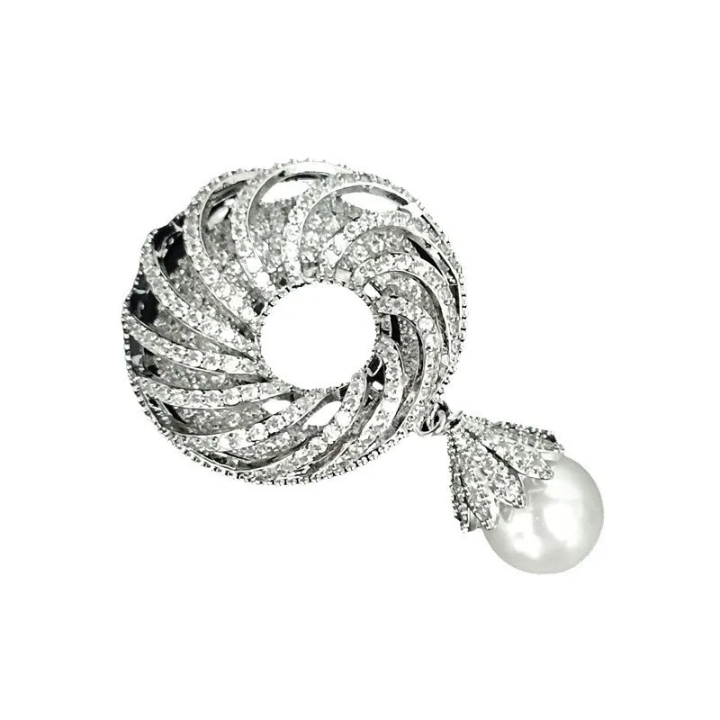 Retro Cubic Zircon Circle Brooch Pin High-end Shell Pearl Pendant Geometry Brooches for Unisex Corsage Elegant Accessory Jewlery