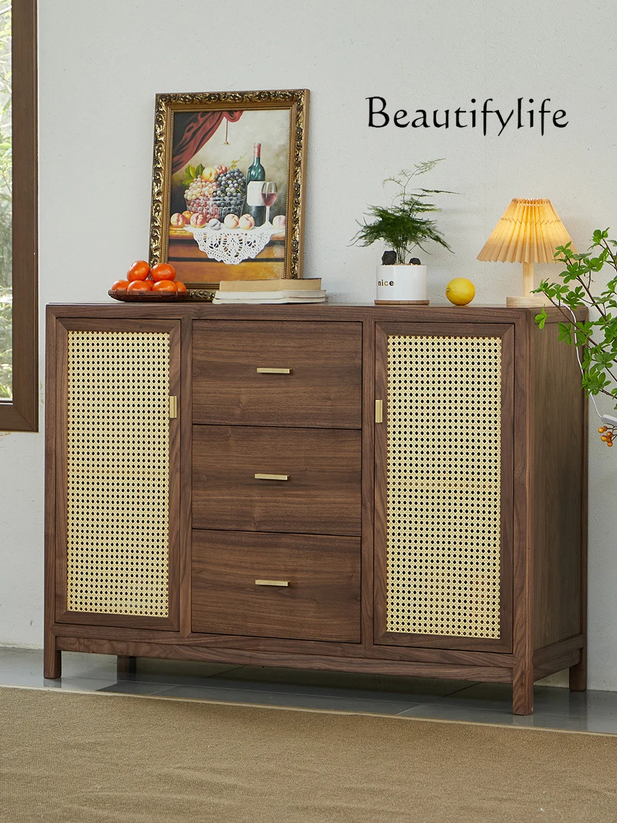 

Chinese Style Solid Wood Sideboard Modern Minimalist Rattan Entrance Cabinet