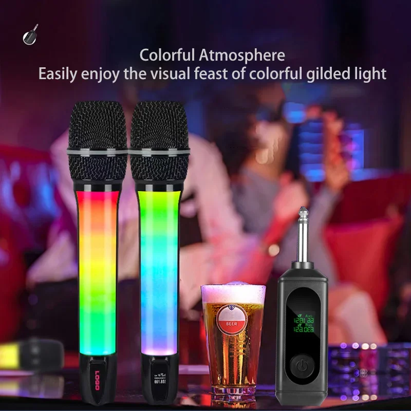 무선 다이나믹 마이크 2채널 마이크 RGB 컬러 조명 파티 공연에 적합