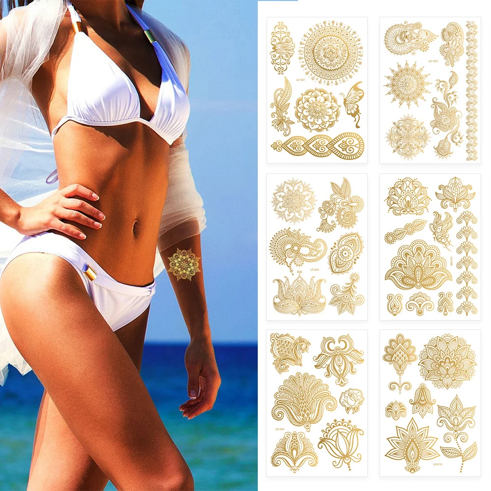 

Waterproof Temporary Tattoo Sticker Flowers Mandala Henna Rose Gold Metallic Flash Tatoo Boho Lotus Jewelry Glitter Body Art