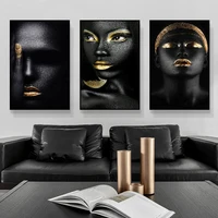 African Woman Art Black And Gold Lips Portrait Canvas Painting Poster Print Wall Art Picture Home Deco For Living Room Frameless 3
