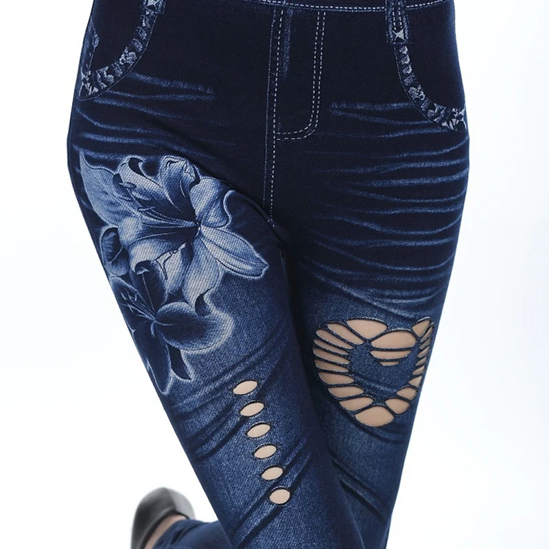 Women Sexy Casual Hollow Out Leggings Floral Print Yoga Pants Denim Pencil Fitness Elastic Ladies Hole Pants 1