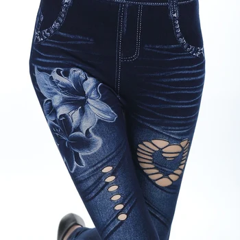 Women Sexy Casual Hollow Out Leggings Floral Print Yoga Pants​ Denim Pencil Fitness Elastic Ladies Hole Pants 1