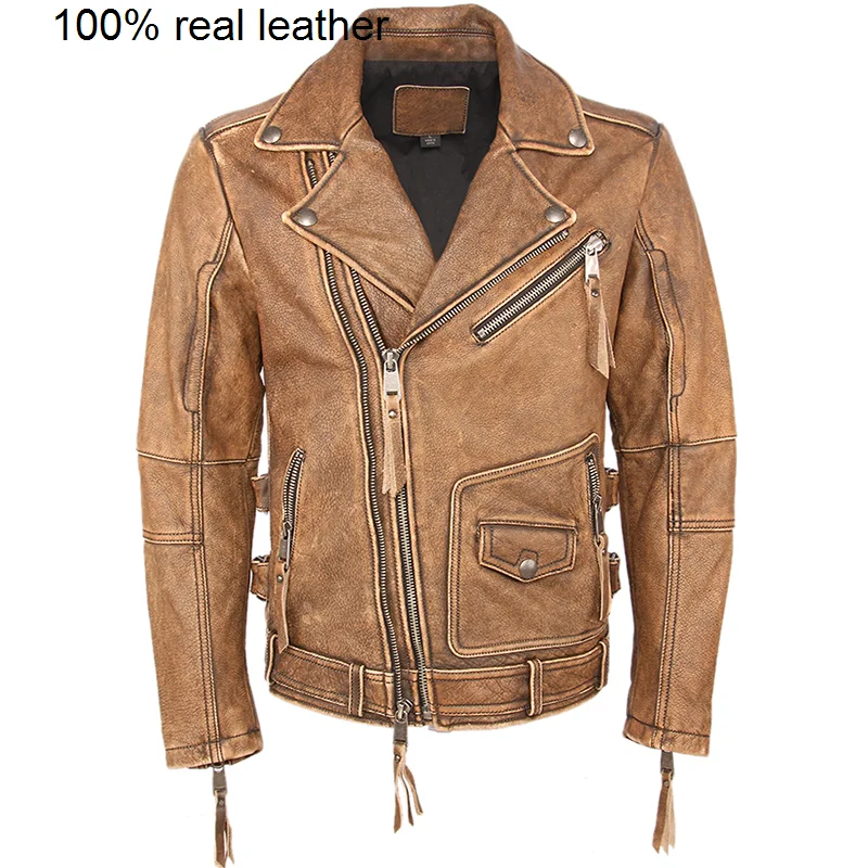 

Vintage Motorcycle Slim Fit Thick Men 100% Cowhide Moto Biker Jacket Man Leather Coat Winter Warm M455