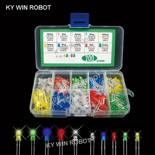 100pcs 5mm LED Diode 5 mm Assorted Kit White Green Red Blue Yellow Orange Pink Purple Warm white DIY Light Emitting Diode 3MM-5MM-200pcs