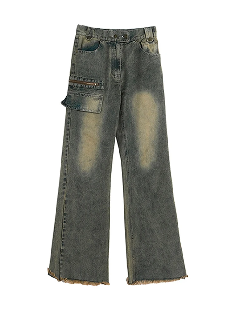 

Y2K Retro Wash Blue Women High Waist Jean Trousers Vintage Tassel Design Straight Wide Leg Denim Pants 2000s Streetwear Hip Pop