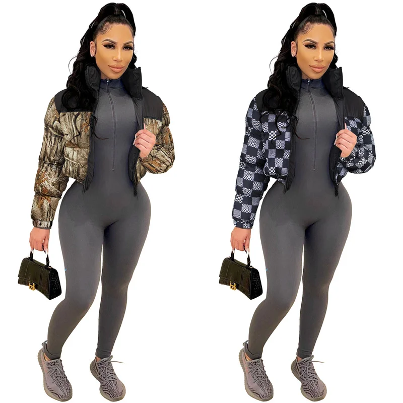 Fashion Plaid Print Parkas Bubble Cropped Jackets for Women Winter Clothing Warm Thicken Full Sleeve Puffer Down Coats Outwears
