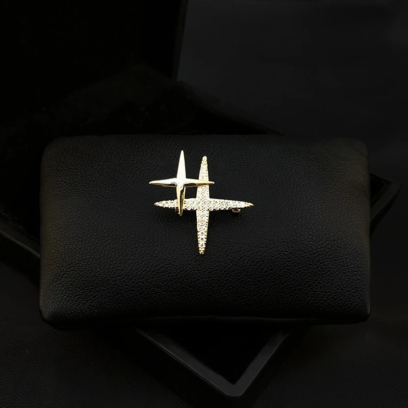 Cross Shaped Star Brooch Men's Suit Neckline Decoration Small Collar Pin Women High-End Anti-Exposure Ornament Zirconia Jewelry