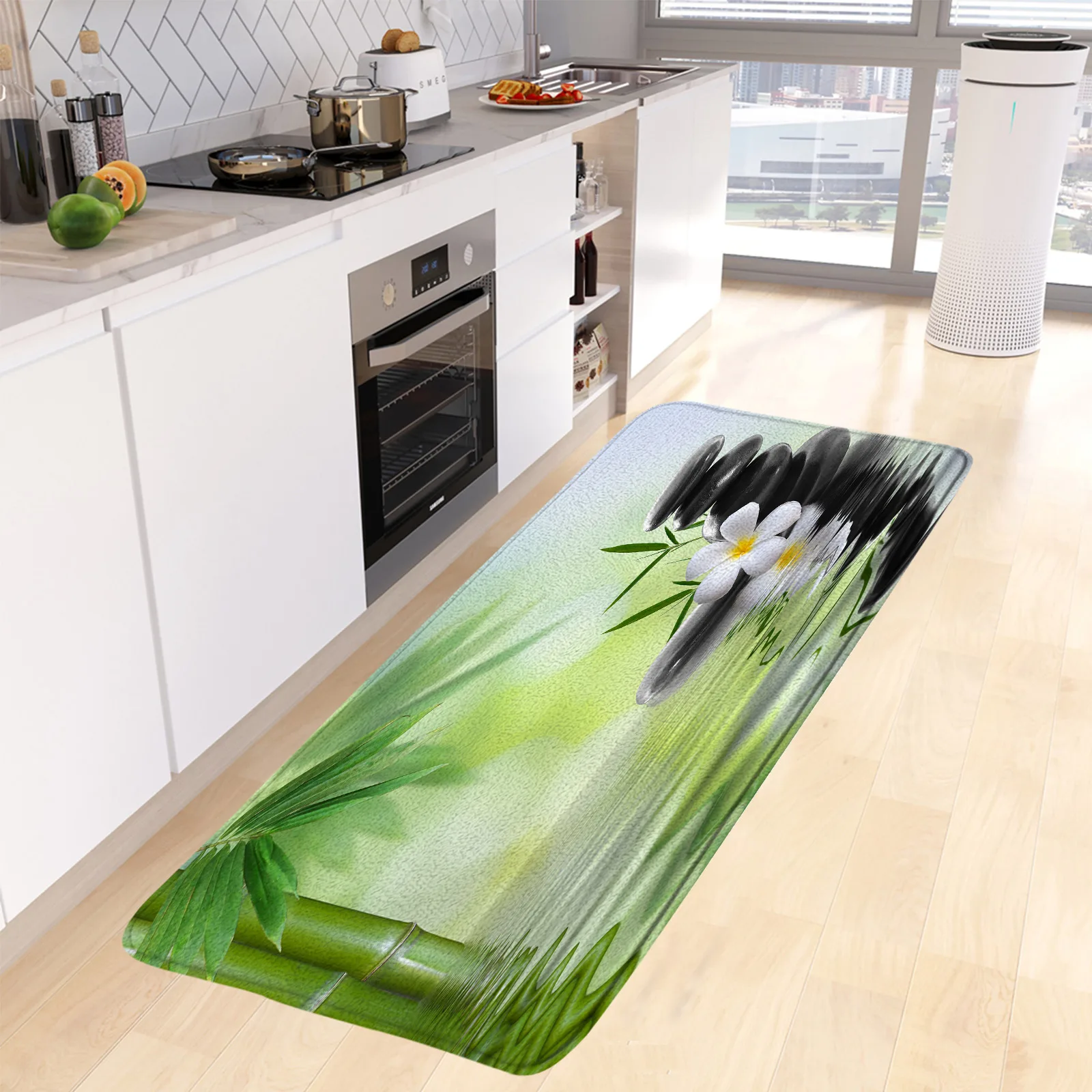 Zen Kitchen Mat Green Bamboo Black Stone White Flower Spa Scenery Modern Room Tappeto Lungo Home Decor Tappeto Antiscivolo Tappetini Da Bagno