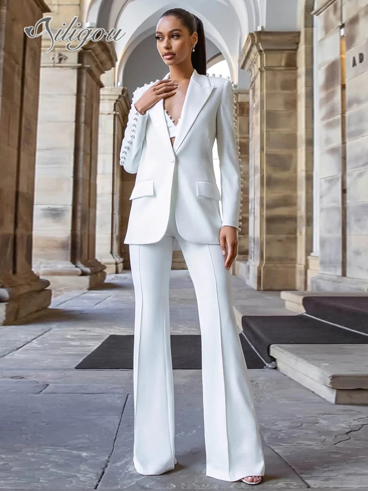 

Ailigou Latest 2023 Runway Designer Set White Sexy V-neck Beaded Women's Celebrity Party Single Button Suit Flare Pants Suit