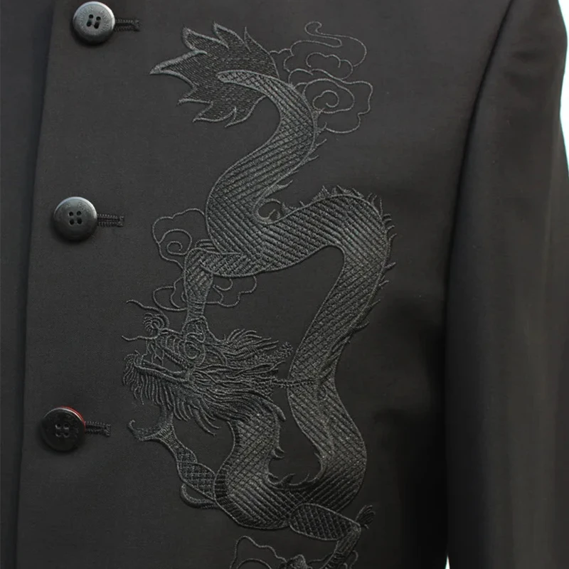 Black Chinese Tunic Suit Men's Traditional Stand Collar Suits Apec Leader Costume Male Embroidery Dragon Totem Suit Blazer 16
