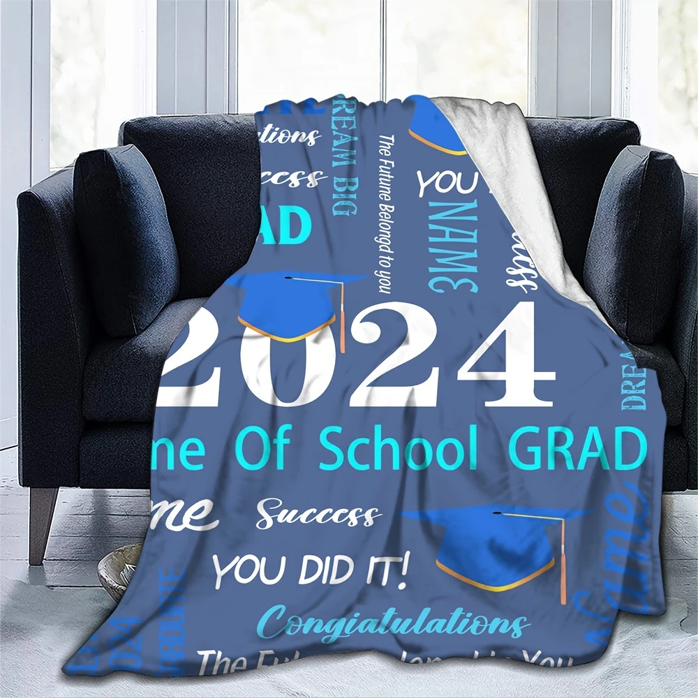 

Custom Name Flannel Blanket Hot Sale Graduation Season Gifts Printed Outdoor Travel Camping Night Reading Soft Square Blankets