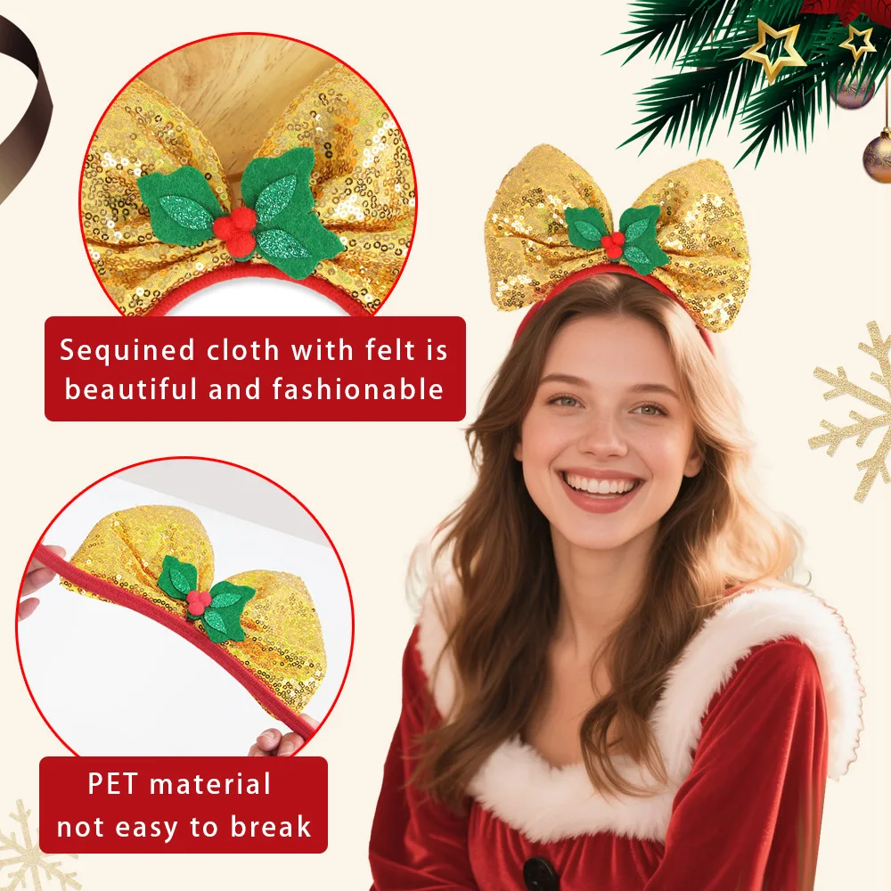 1PC Christmas Bow Headbands, Sequin Glitter Xmas Hair Hoops for Women Girls, Party Cosplay Christmas Decorations