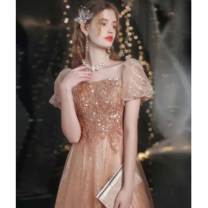 2024 Puff Sleeves Boat Neck Long Elegant A Line Gold Tulle Formal Evening Women Prom Party Banquet vestido de festa