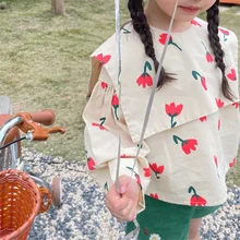 

2022 Spring new baby girls cute floral big turn-down collar blouses Kids cotton casual long sleeve Tops